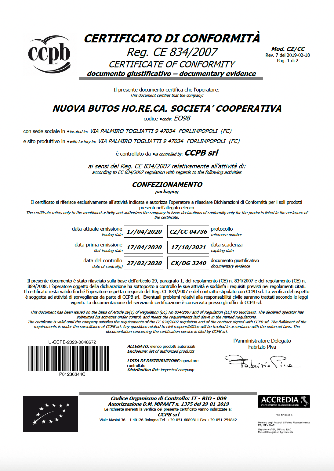 Certificato di conformità Nuova Butos